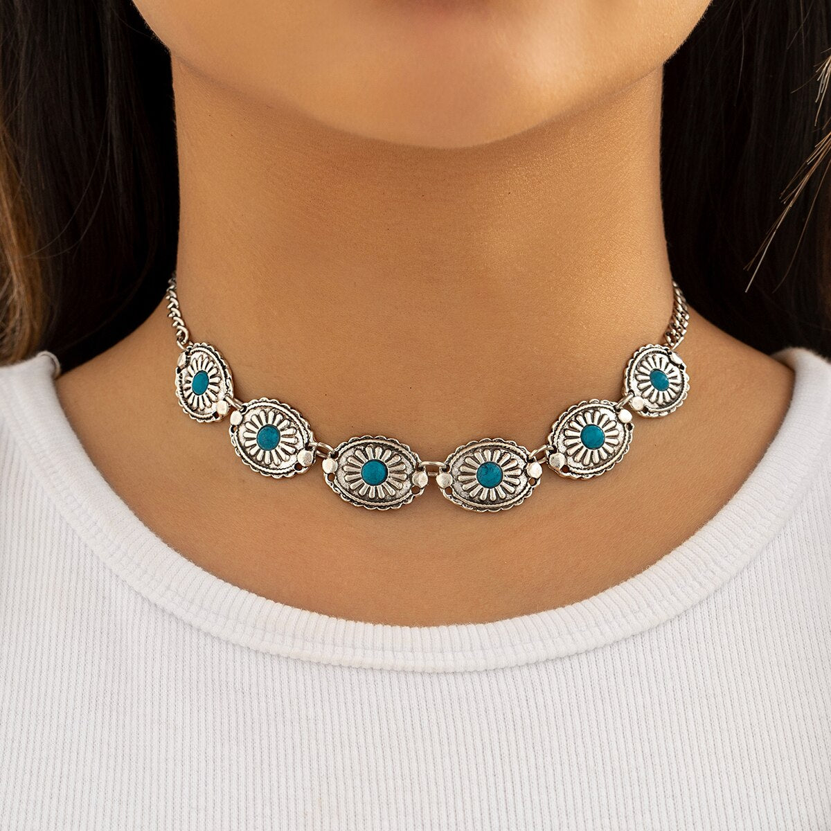 IngeSight.Z Bohemian Vintage Floral Carved Oval Choker Necklace for Women Punk Ethnic Blue Stone Cuban Link Clavicle Chain Gift