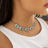 IngeSight.Z Bohemian Vintage Floral Carved Oval Choker Necklace for Women Punk Ethnic Blue Stone Cuban Link Clavicle Chain Gift