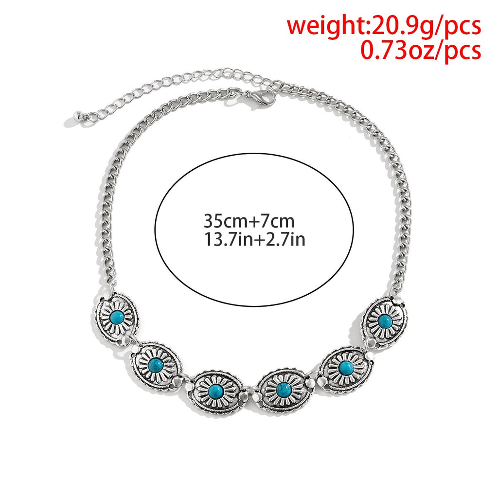 IngeSight.Z Bohemian Vintage Floral Carved Oval Choker Necklace for Women Punk Ethnic Blue Stone Cuban Link Clavicle Chain Gift