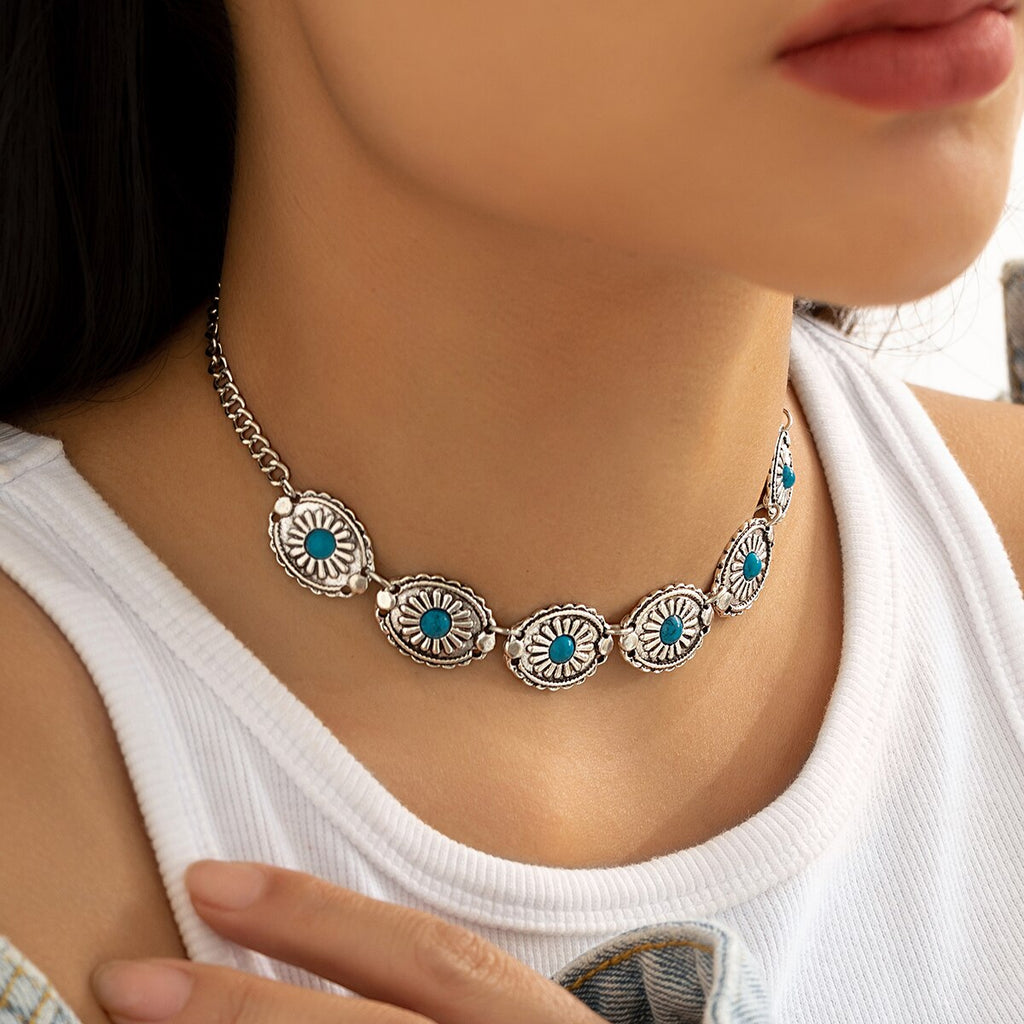IngeSight.Z Bohemian Vintage Floral Carved Oval Choker Necklace for Women Punk Ethnic Blue Stone Cuban Link Clavicle Chain Gift