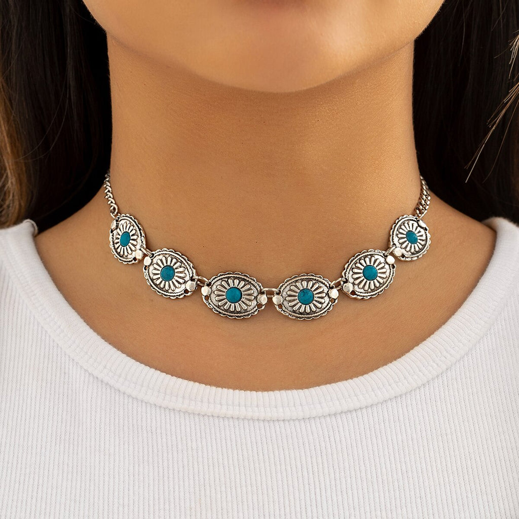 IngeSight.Z Bohemian Vintage Floral Carved Oval Choker Necklace for Women Punk Ethnic Blue Stone Cuban Link Clavicle Chain Gift