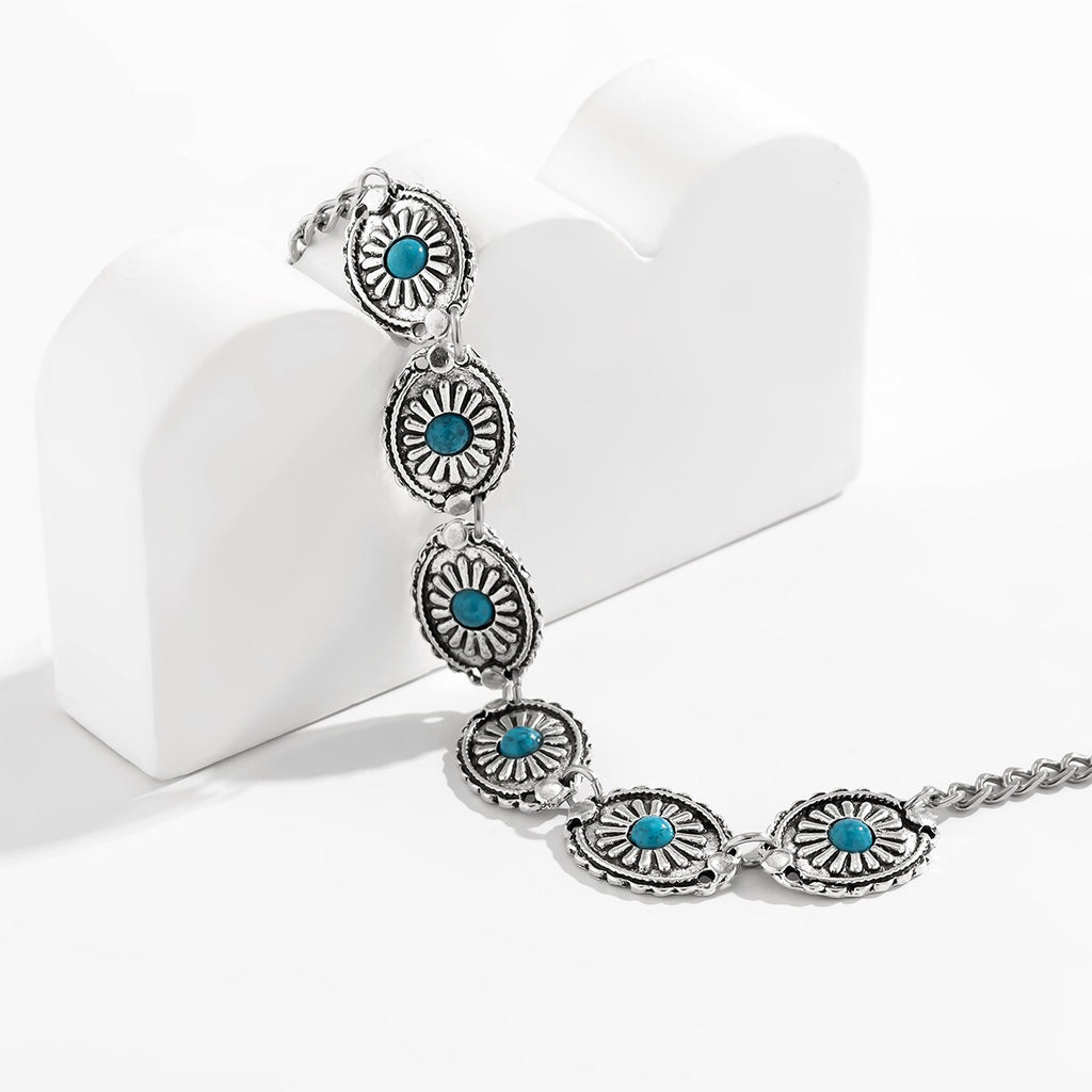 IngeSight.Z Bohemian Vintage Floral Carved Oval Choker Necklace for Women Punk Ethnic Blue Stone Cuban Link Clavicle Chain Gift