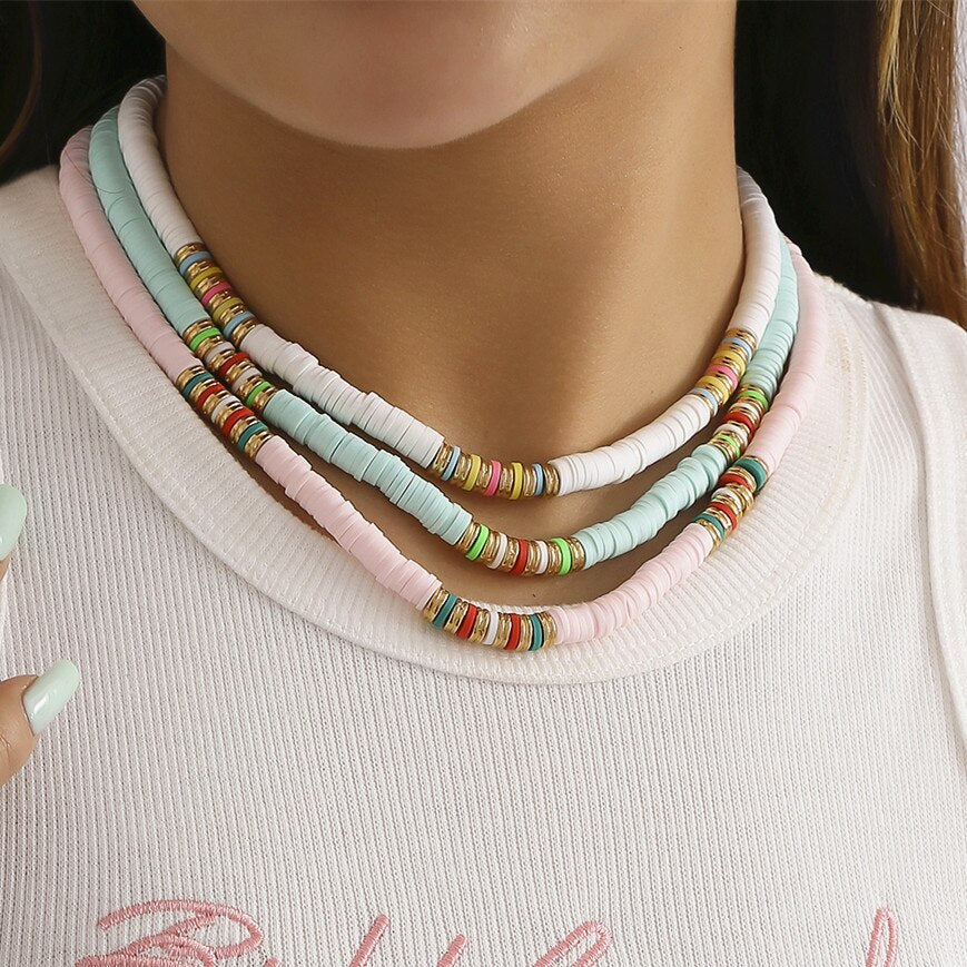 IngeSight.Z Boho Colorful Soft Polymer Clay Choker Necklace For Women Handmade Adjustable Metal Spacer Beads Collar Necklace