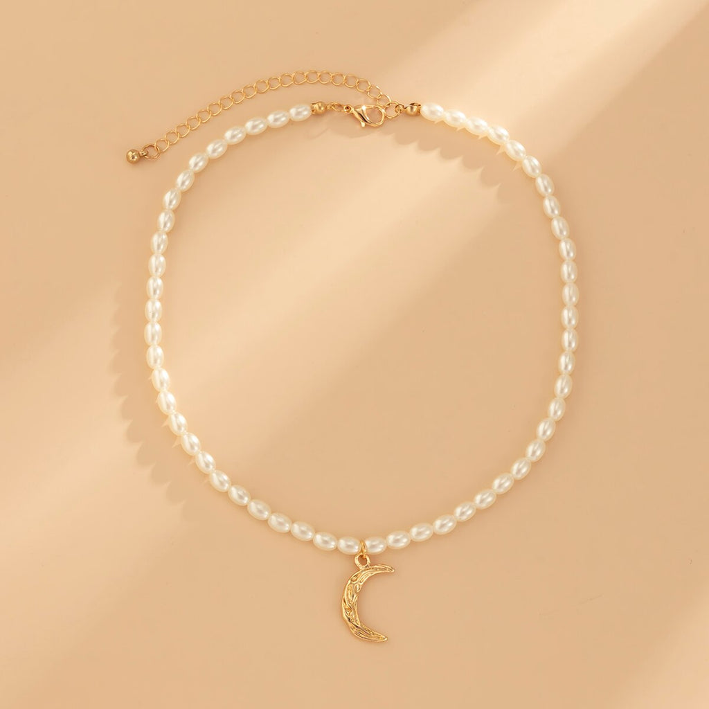 IngeSight.Z Boho Moon Pendant Necklaces for Women Imitation Pearl Choker Necklaces Collar Girls Gold Color Neck Collier Jewelry