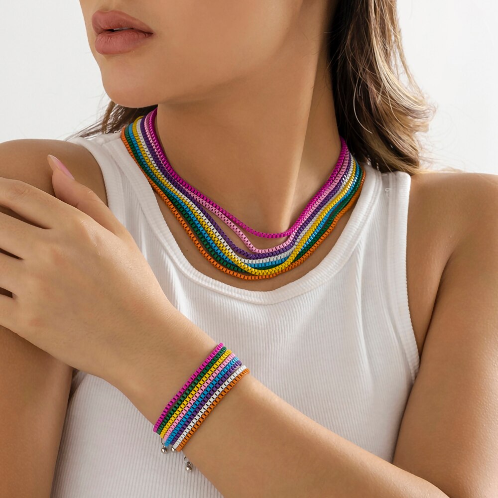 IngeSight.Z Boho Rainbow Color Enamel Box Chain Choker Necklace For Women 2022 Spray Paint Y2K Necklace Jewelry Gift