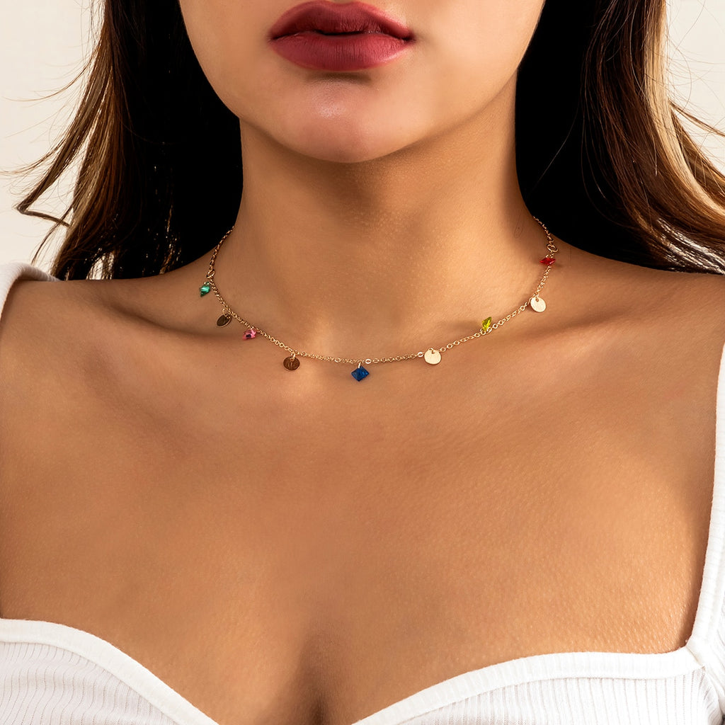 IngeSight.Z Boho Rainbow Colorful Crystal Rhinestone Choker Necklaces for Women Flower Sequins Tassel Pendant Necklaces Jewelry