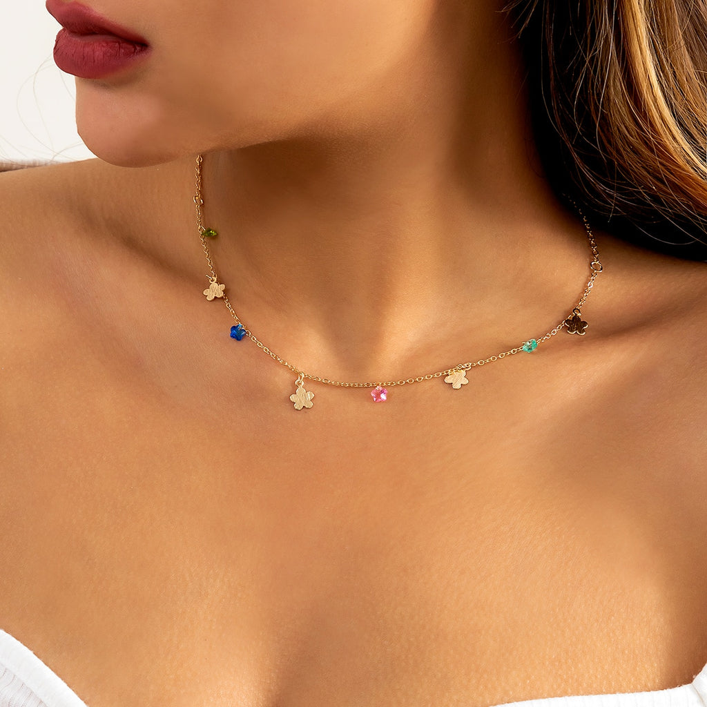 IngeSight.Z Boho Rainbow Colorful Crystal Rhinestone Choker Necklaces for Women Flower Sequins Tassel Pendant Necklaces Jewelry