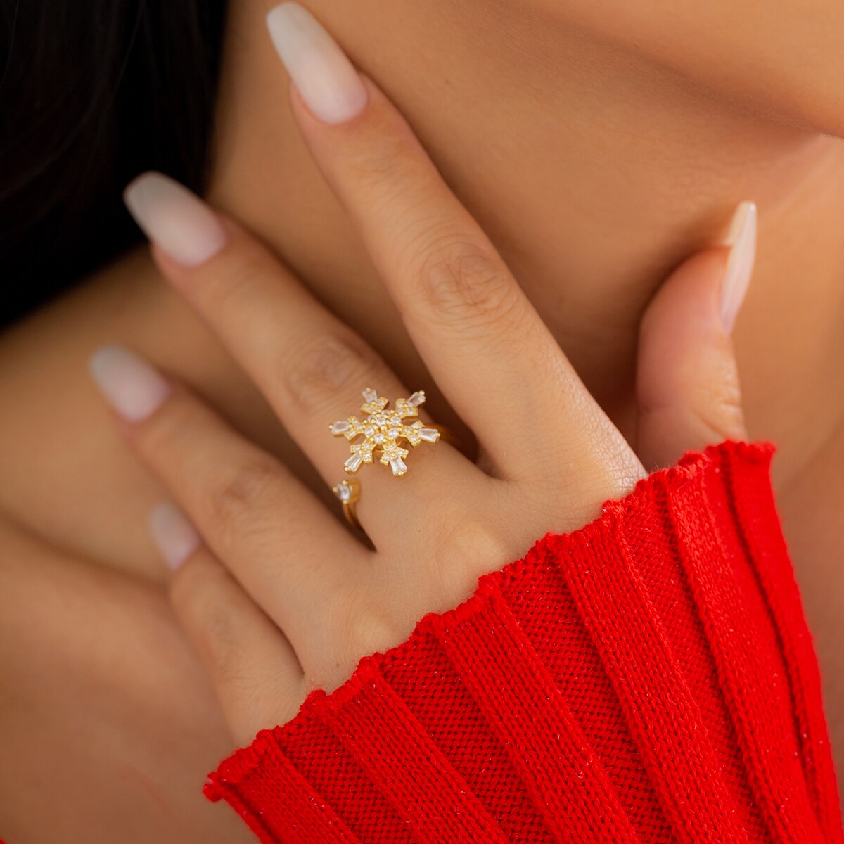 IngeSight.Z Christmas Spin Snowflake Adjustable Opening Finger Ring for Women Vintage Gold Color CZ Crystal Rings Jewelry Gifts
