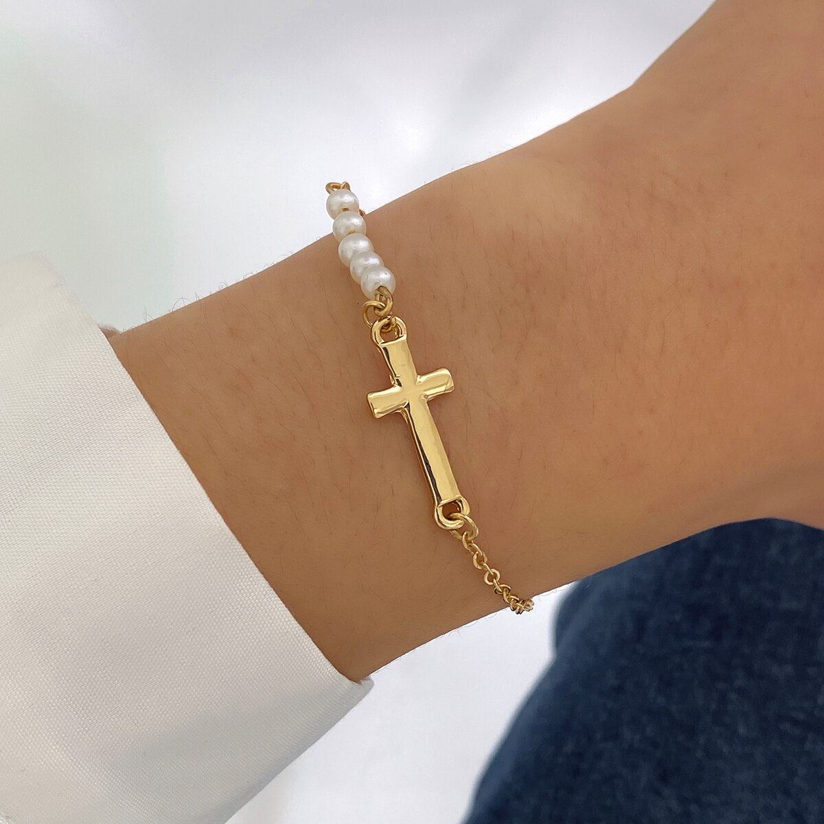 IngeSight.Z Classic Imitation Pearl Beaded Bracelets For Women Simple Gold Color Cross Pendant Charm Friendship Hand Jewelry