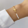 IngeSight.Z Classic Imitation Pearl Beaded Bracelets For Women Simple Gold Color Cross Pendant Charm Friendship Hand Jewelry