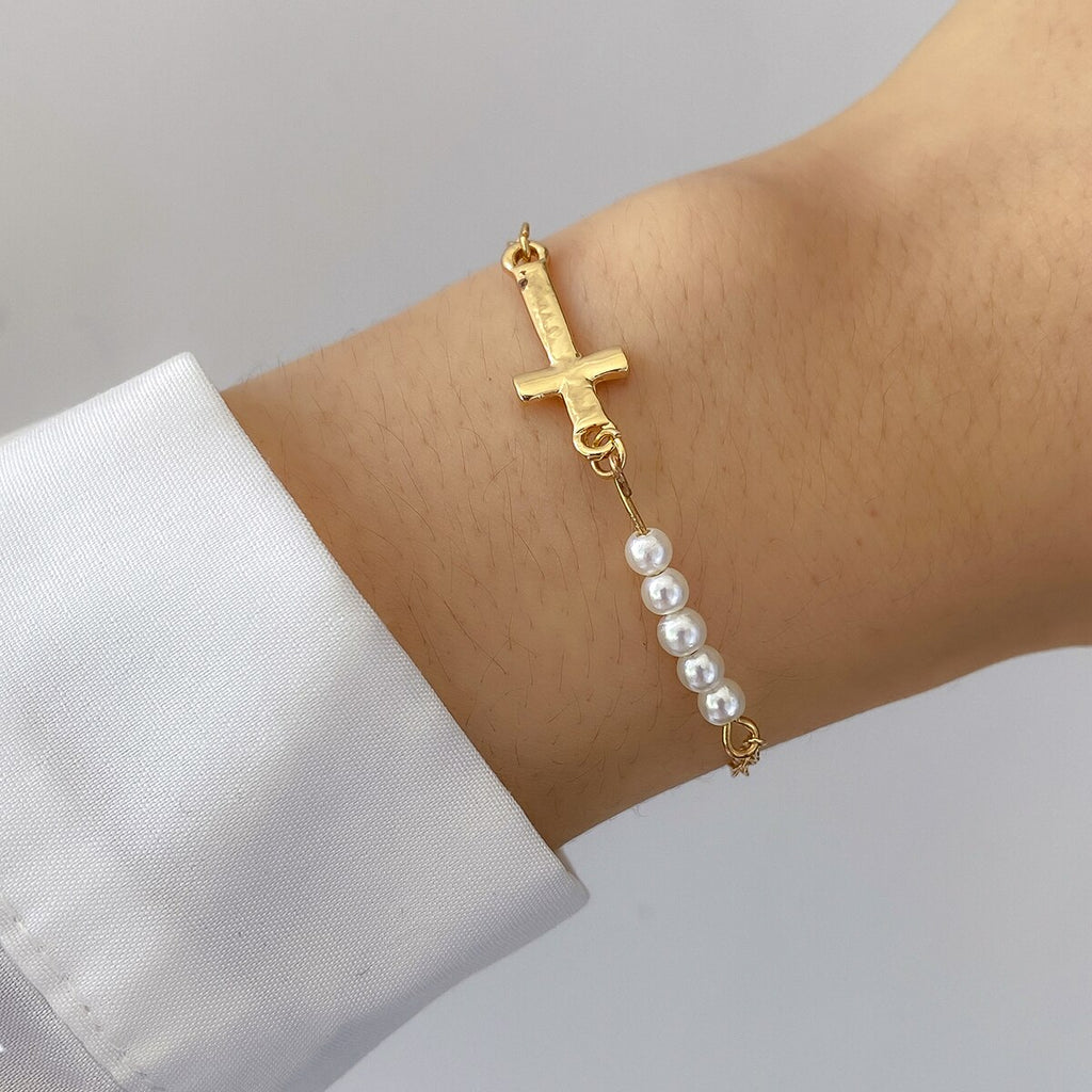 IngeSight.Z Classic Imitation Pearl Beaded Bracelets For Women Simple Gold Color Cross Pendant Charm Friendship Hand Jewelry