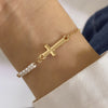 IngeSight.Z Classic Imitation Pearl Beaded Bracelets For Women Simple Gold Color Cross Pendant Charm Friendship Hand Jewelry