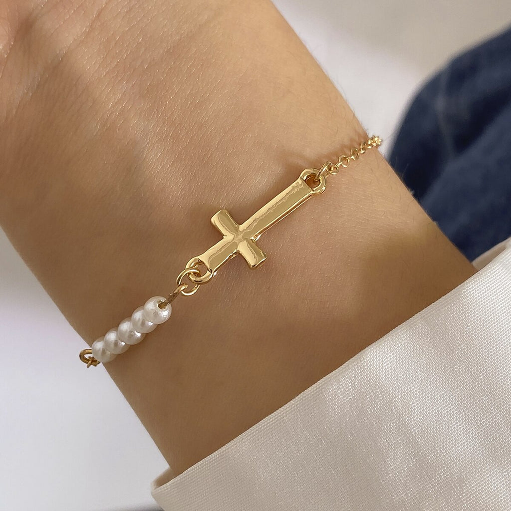 IngeSight.Z Classic Imitation Pearl Beaded Bracelets For Women Simple Gold Color Cross Pendant Charm Friendship Hand Jewelry