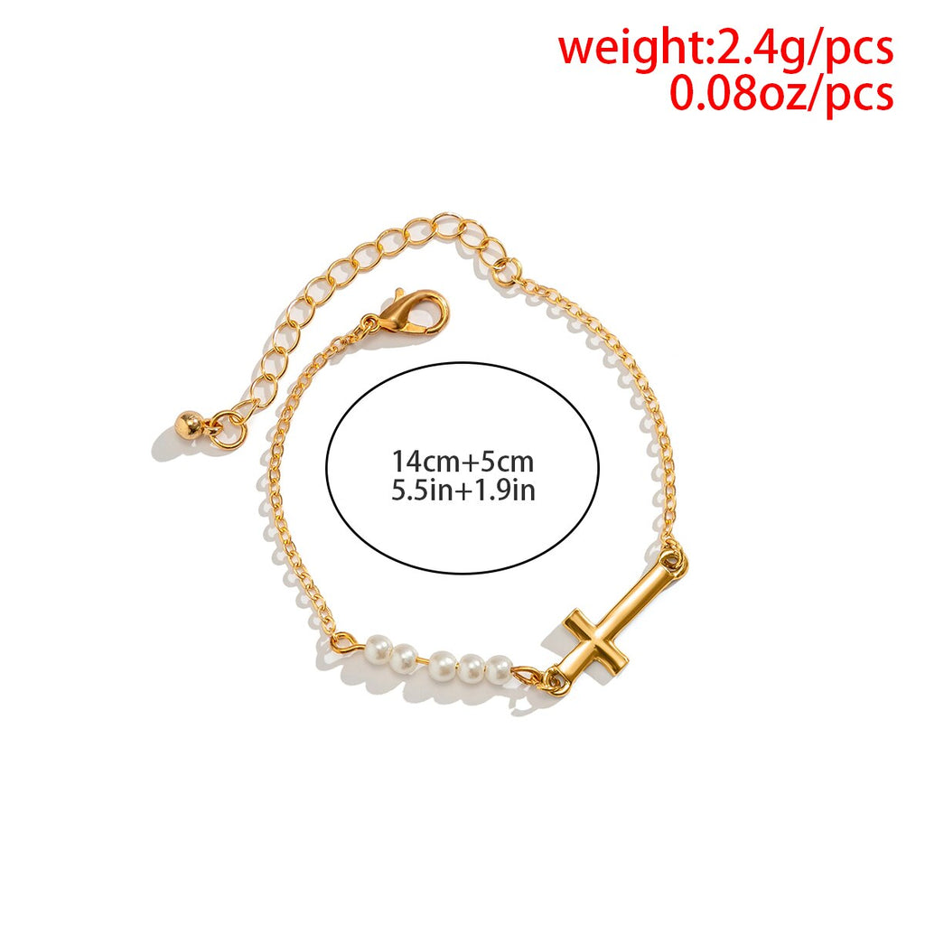 IngeSight.Z Classic Imitation Pearl Beaded Bracelets For Women Simple Gold Color Cross Pendant Charm Friendship Hand Jewelry