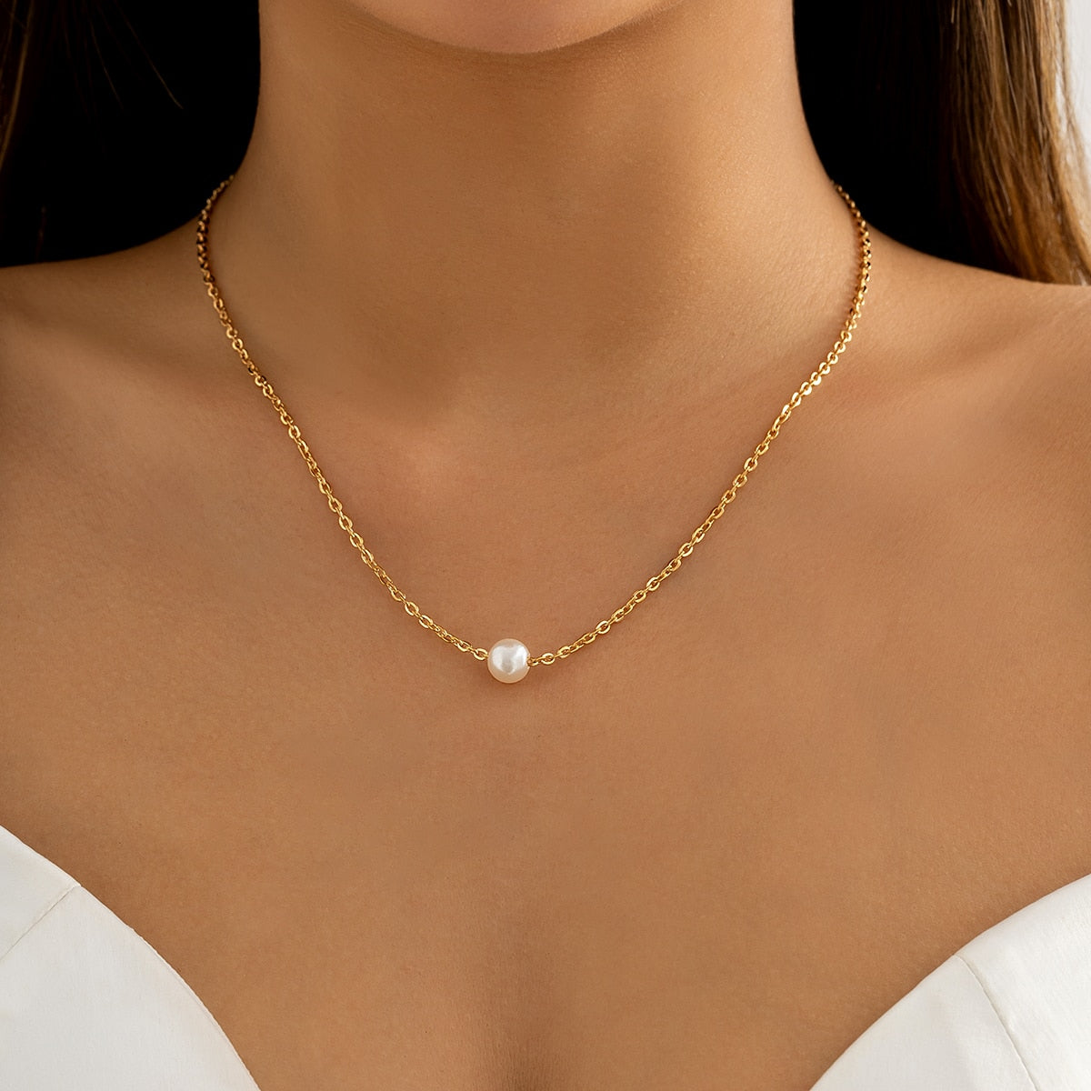 IngeSight.Z Classic Single Imitation Pearl Pendant Necklace for Women  Gold Color Clavicle Chain Wedding Party Jewelry
