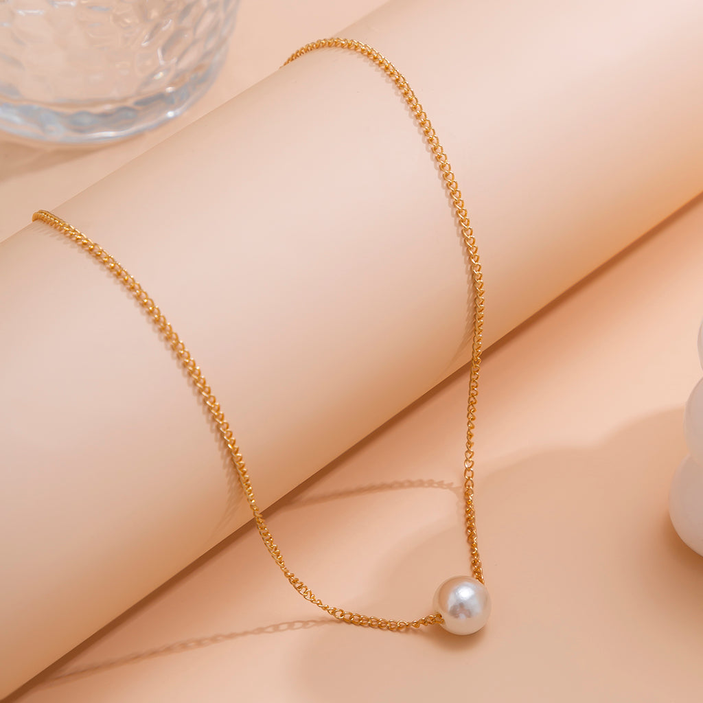 IngeSight.Z Classic Single Imitation Pearl Pendant Necklace for Women  Gold Color Clavicle Chain Wedding Party Jewelry