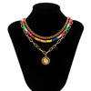 IngeSight.Z Colorful Rainbow Heishi Clay Beads Choker Necklaces Multi Layered Portrait Carved Coin Pendant Necklaces Jewelry