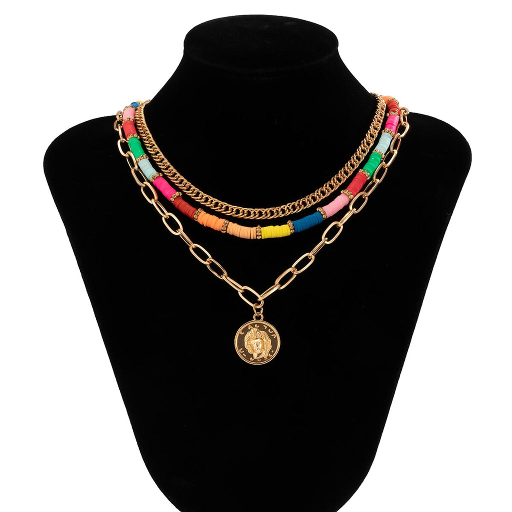IngeSight.Z Colorful Rainbow Heishi Clay Beads Choker Necklaces Multi Layered Portrait Carved Coin Pendant Necklaces Jewelry