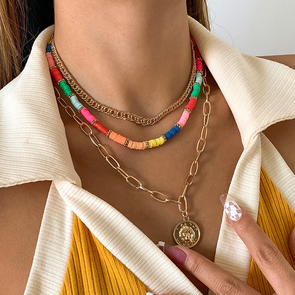 IngeSight.Z Colorful Rainbow Heishi Clay Beads Choker Necklaces Multi Layered Portrait Carved Coin Pendant Necklaces Jewelry
