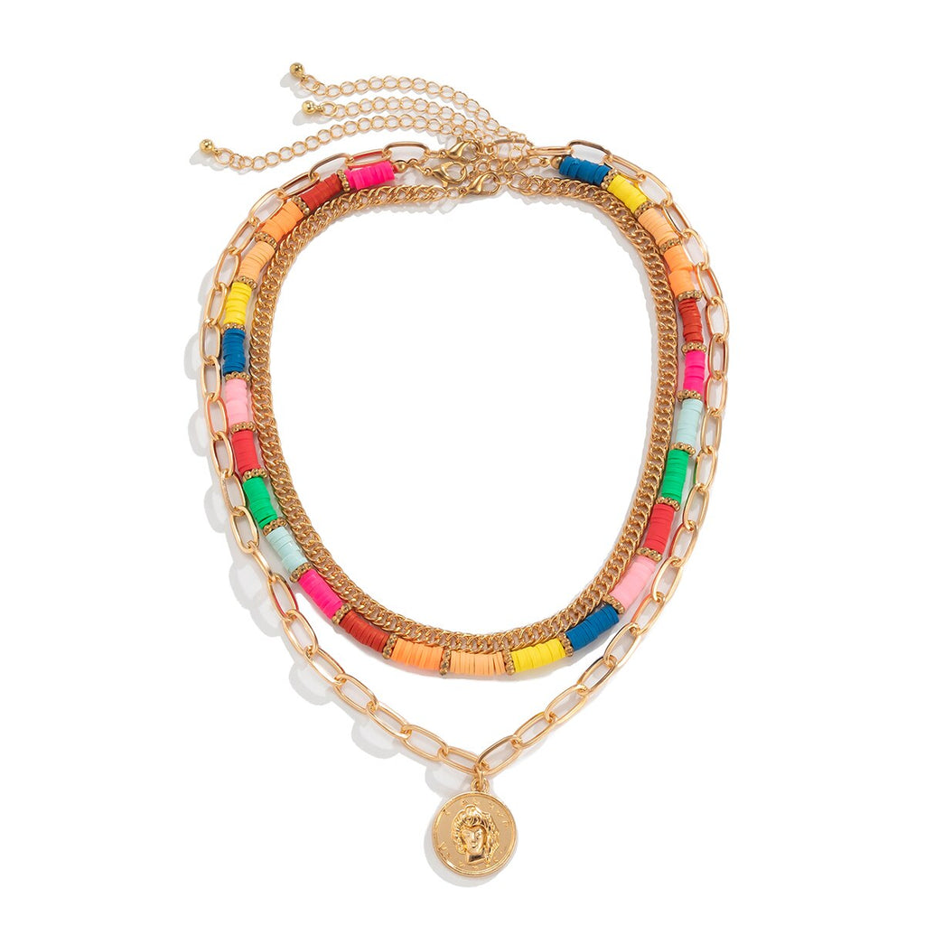 IngeSight.Z Colorful Rainbow Heishi Clay Beads Choker Necklaces Multi Layered Portrait Carved Coin Pendant Necklaces Jewelry