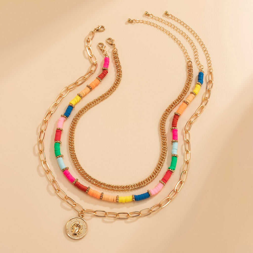 IngeSight.Z Colorful Rainbow Heishi Clay Beads Choker Necklaces Multi Layered Portrait Carved Coin Pendant Necklaces Jewelry