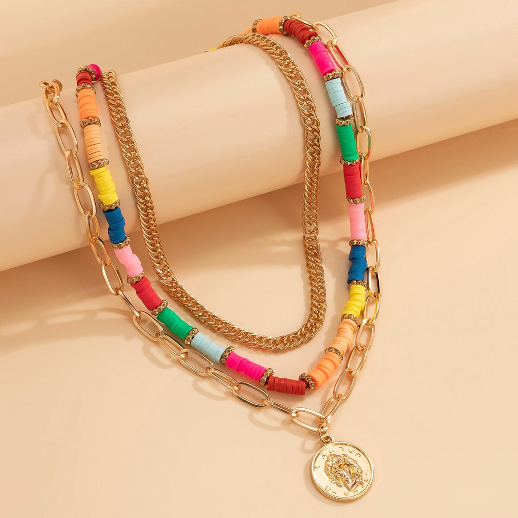 IngeSight.Z Colorful Rainbow Heishi Clay Beads Choker Necklaces Multi Layered Portrait Carved Coin Pendant Necklaces Jewelry