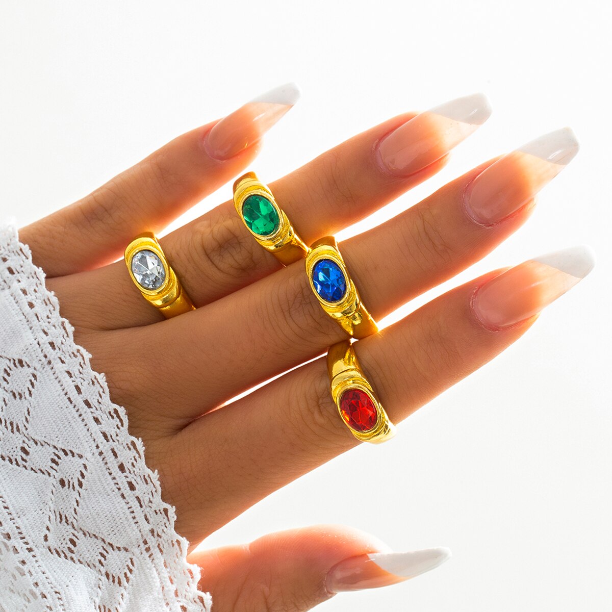 IngeSight.Z Colorful Rainbow Rhinestones Crystal Rings for Women Charm KC Gold Color Knuckle Finger Rings Wedding Jewelry Gifts
