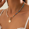 IngeSight.Z Colorful Rainbow Seed Beaded Chain Imitation Pearl Choker Necklaces Carved Coin Portrait Pendant Necklaces Jewelry