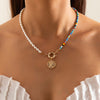 IngeSight.Z Colorful Rainbow Seed Beaded Chain Imitation Pearl Choker Necklaces Carved Coin Portrait Pendant Necklaces Jewelry