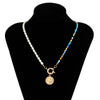 IngeSight.Z Colorful Rainbow Seed Beaded Chain Imitation Pearl Choker Necklaces Carved Coin Portrait Pendant Necklaces Jewelry
