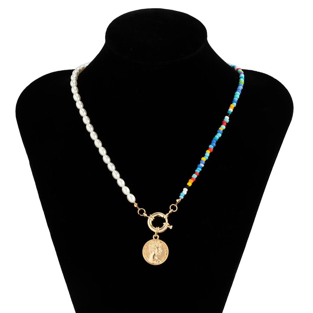 IngeSight.Z Colorful Rainbow Seed Beaded Chain Imitation Pearl Choker Necklaces Carved Coin Portrait Pendant Necklaces Jewelry