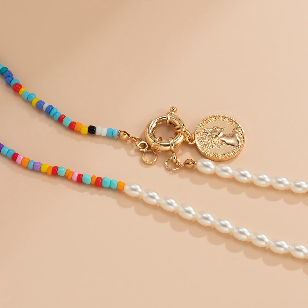 IngeSight.Z Colorful Rainbow Seed Beaded Chain Imitation Pearl Choker Necklaces Carved Coin Portrait Pendant Necklaces Jewelry