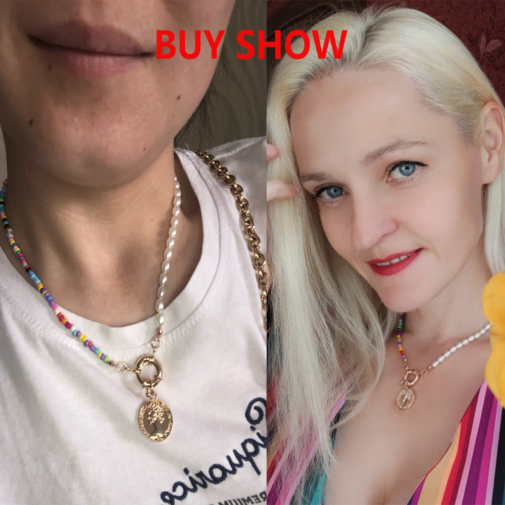 IngeSight.Z Colorful Rainbow Seed Beaded Chain Imitation Pearl Choker Necklaces Carved Coin Portrait Pendant Necklaces Jewelry