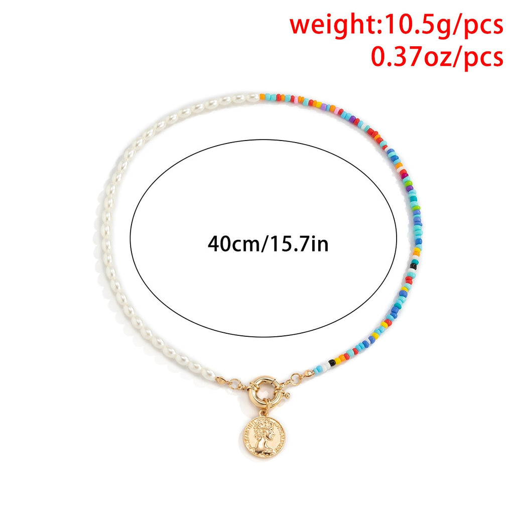 IngeSight.Z Colorful Rainbow Seed Beaded Chain Imitation Pearl Choker Necklaces Carved Coin Portrait Pendant Necklaces Jewelry