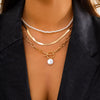 IngeSight.Z Copper Flat Snake Chain Choker Necklaces for Women Multi Layered Imitation Pearl Pendant Toggle Necklaces Jewelry