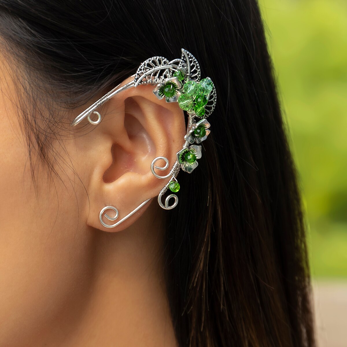 IngeSight.Z Creative Green Crystal Flower Elf Ear Clip for Women Vintage Hollow Metal Leaf No Piercing Hanging Earrings Jewelry