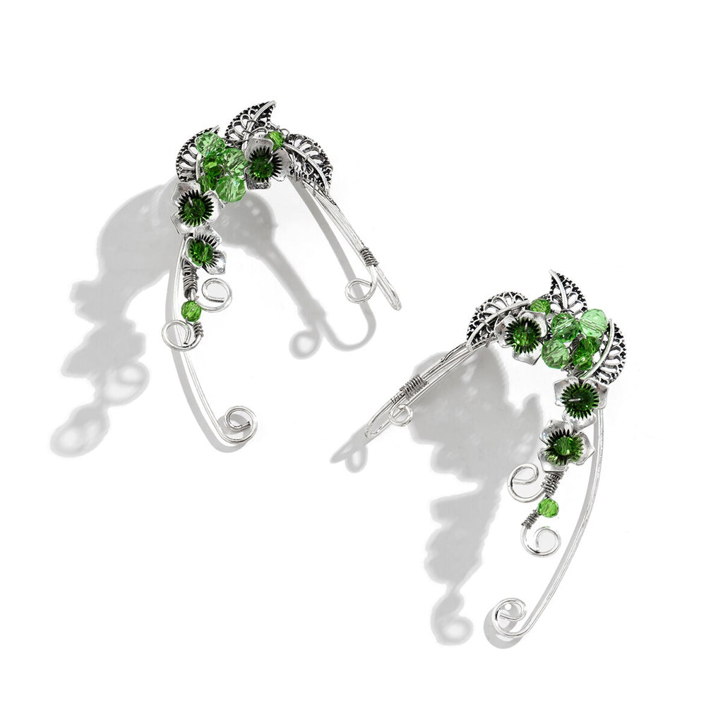IngeSight.Z Creative Green Crystal Flower Elf Ear Clip for Women Vintage Hollow Metal Leaf No Piercing Hanging Earrings Jewelry
