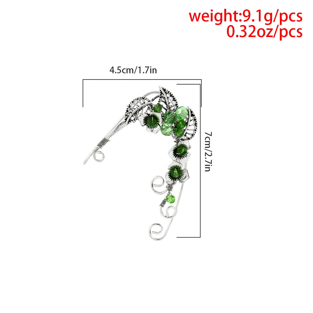 IngeSight.Z Creative Green Crystal Flower Elf Ear Clip for Women Vintage Hollow Metal Leaf No Piercing Hanging Earrings Jewelry