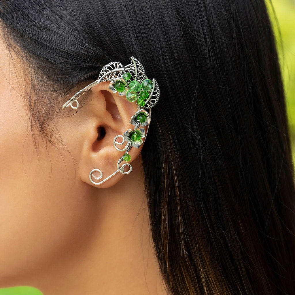 IngeSight.Z Creative Green Crystal Flower Elf Ear Clip for Women Vintage Hollow Metal Leaf No Piercing Hanging Earrings Jewelry