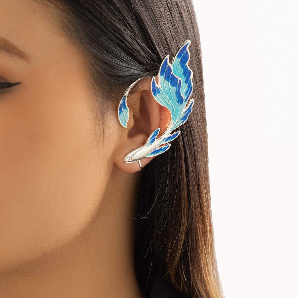 IngeSight.Z Creatived Blue Painted Elf Ear Cuffs for Women Trendy Metal Fish Animal Clip on Earrings Fairy Wings Earrings