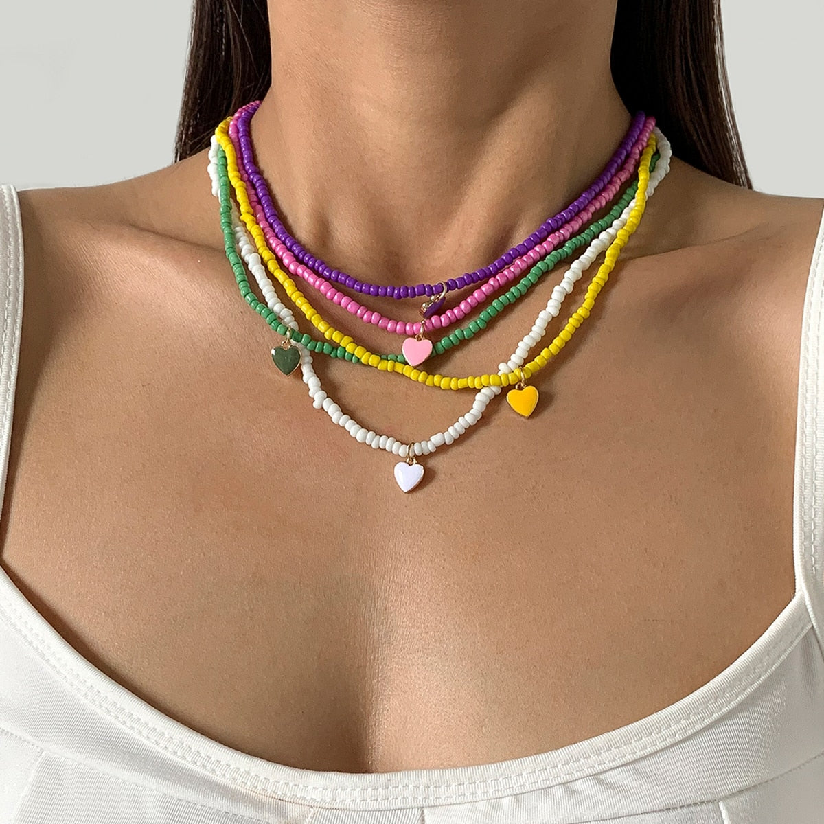 IngeSight.Z Cute Rainbow Colorful Love Heart Pendant Necklace Kpop Seed Beaded Short Choker Necklaces Collar for Women Jewelry