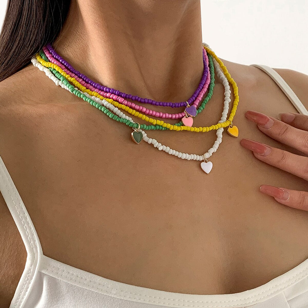 IngeSight.Z Cute Rainbow Colorful Love Heart Pendant Necklace Kpop Seed Beaded Short Choker Necklaces Collar for Women Jewelry