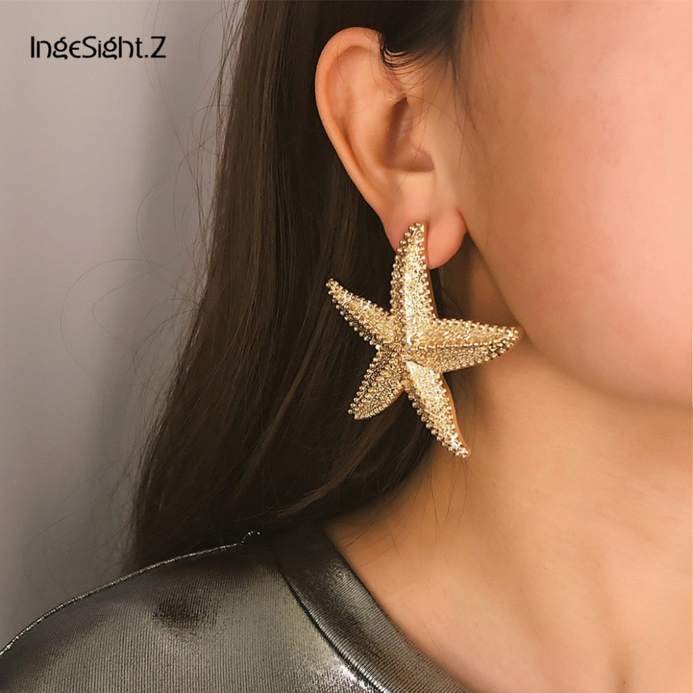 IngeSight.Z Elegant Gold Color Starfish Earrings Statement Alloy Ocean Sea Star Stud Earrings for Women Jewelry Gifts Brincos