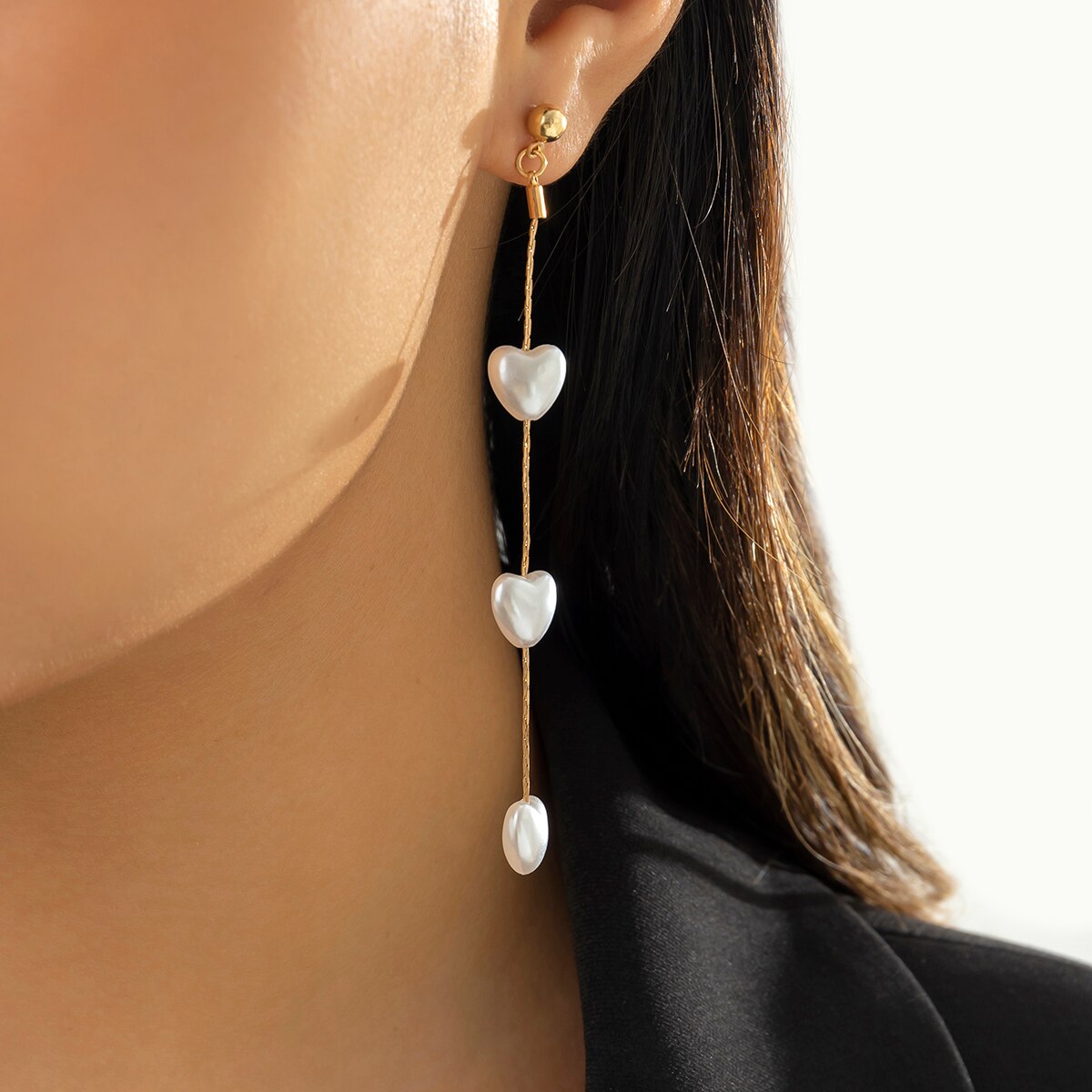 IngeSight.Z Elegant Heart Imitation Pearl Long Tassel Earrings for Women White Pearl Wedding Earrings Party Jewelry Gifts
