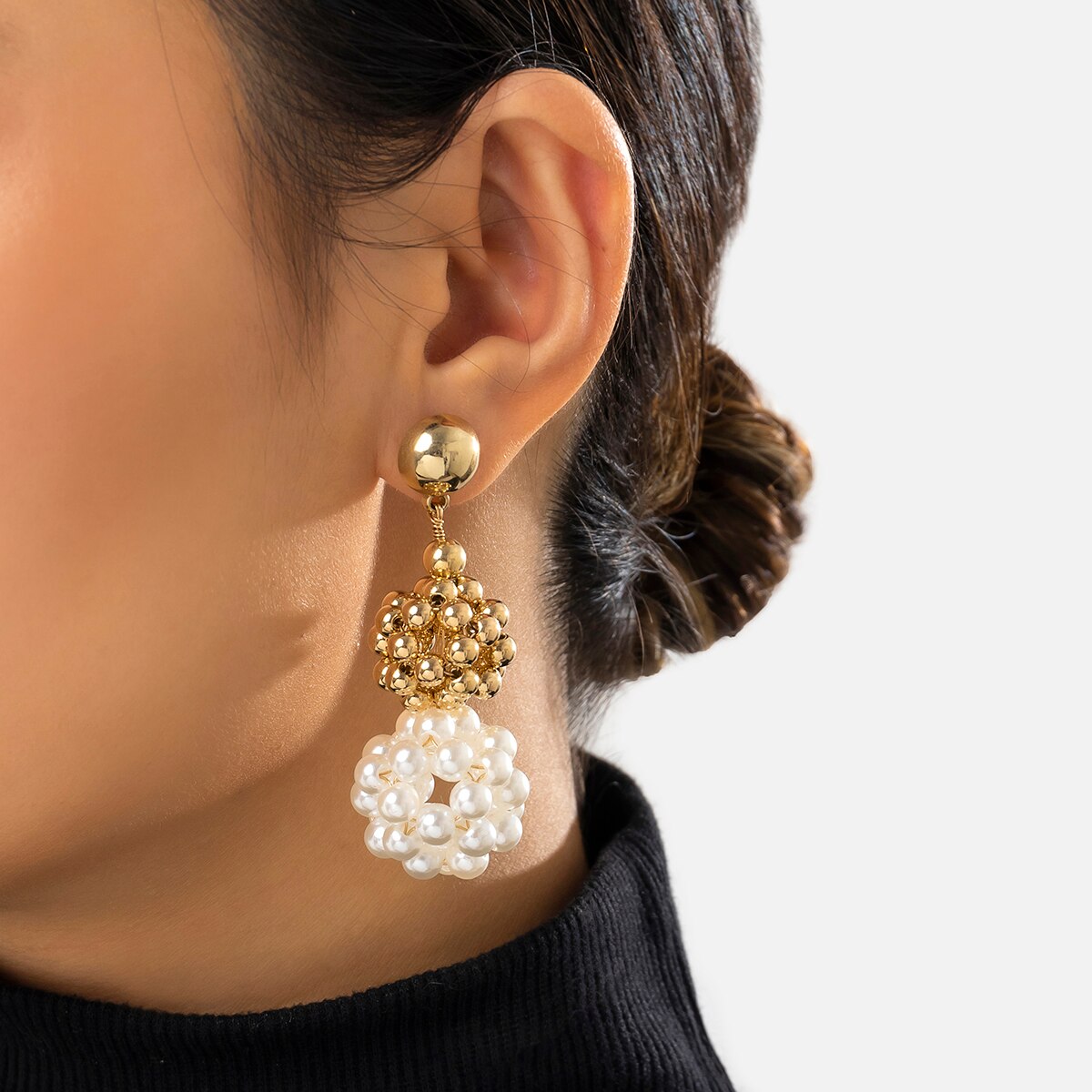 IngeSight.Z Elegant Woven Ball Pearls Drop Earrings for Women Punk Gold Color Metal CCB Beads Hoop Earrings Party Jewelry Gift