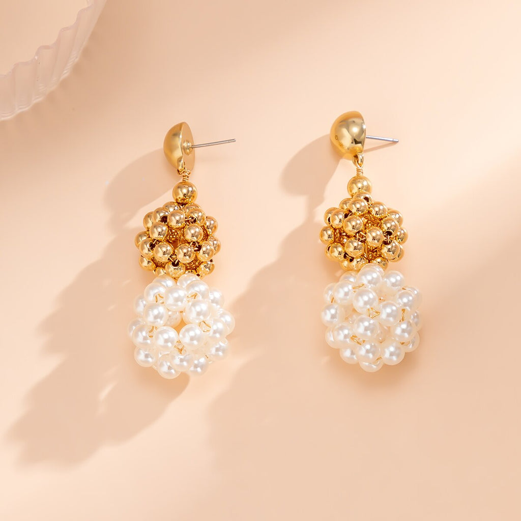IngeSight.Z Elegant Woven Ball Pearls Drop Earrings for Women Punk Gold Color Metal CCB Beads Hoop Earrings Party Jewelry Gift
