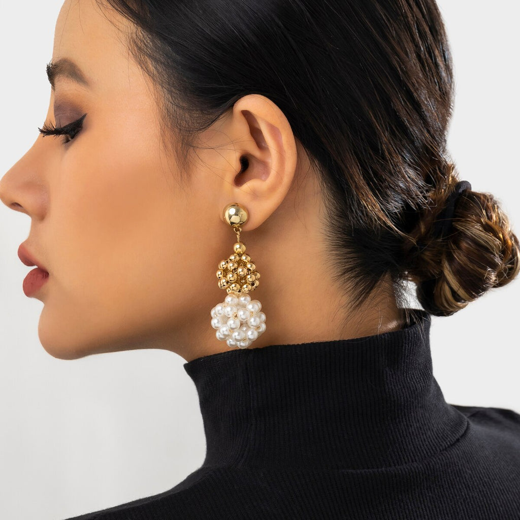 IngeSight.Z Elegant Woven Ball Pearls Drop Earrings for Women Punk Gold Color Metal CCB Beads Hoop Earrings Party Jewelry Gift