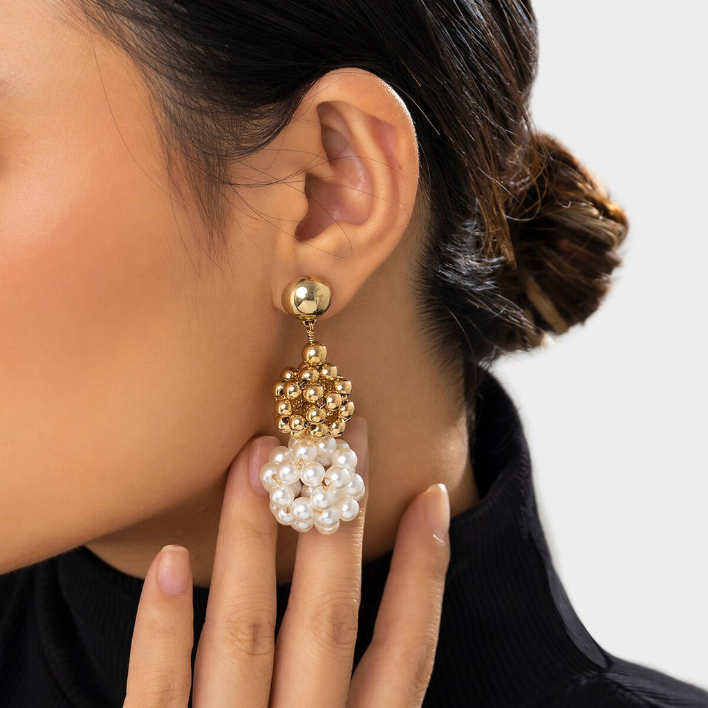 IngeSight.Z Elegant Woven Ball Pearls Drop Earrings for Women Punk Gold Color Metal CCB Beads Hoop Earrings Party Jewelry Gift