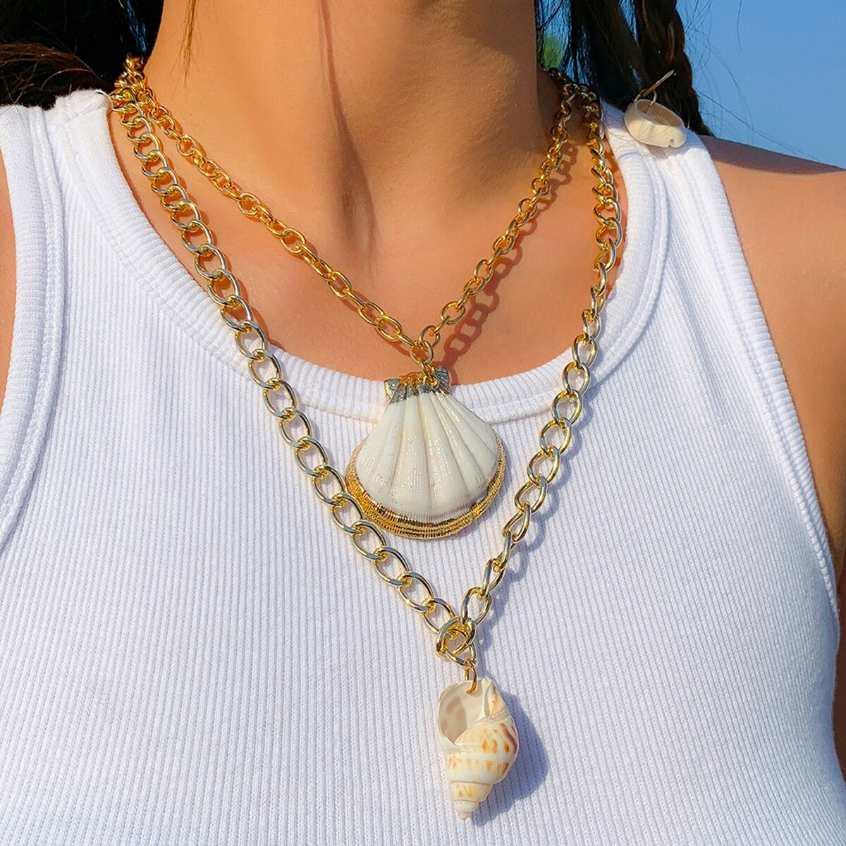 IngeSight.Z Exaggerate Big Shell Conch Pendant Double Layer Necklace for Women Boemian Summer Beach Gold Color Chocker Necklace