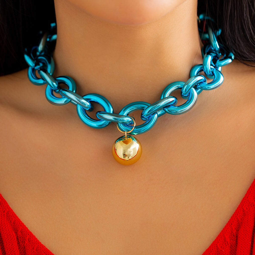 IngeSight.Z  Exaggerated Big Ball Love Heart Pendant Necklace for Women Punk Colorful Chunky Heavy Metal Chain Choker Christmas